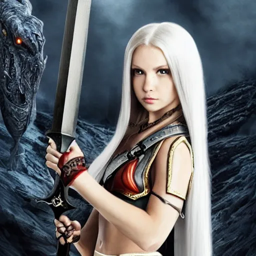 Prompt: beautiful girl with white long hair, wearing epic armor holding an edgy sword ready to fight a deadly monster giant