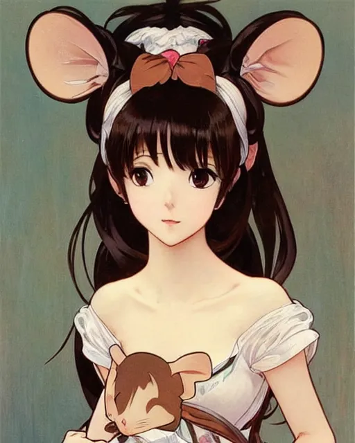 Image similar to A cute frontal painting of a very very beautiful anime skinny mousegirl with long wavy brown colored hair and small mouse ears on top of her head wearing a cute black dress and black shoes looking at the viewer, elegant, delicate, feminine, soft lines, higly detailed, smooth , pixiv art, ArtStation, artgem, art by alphonse mucha Gil Elvgren and Greg rutkowski, high quality, digital illustration, concept art, very long shot, game character