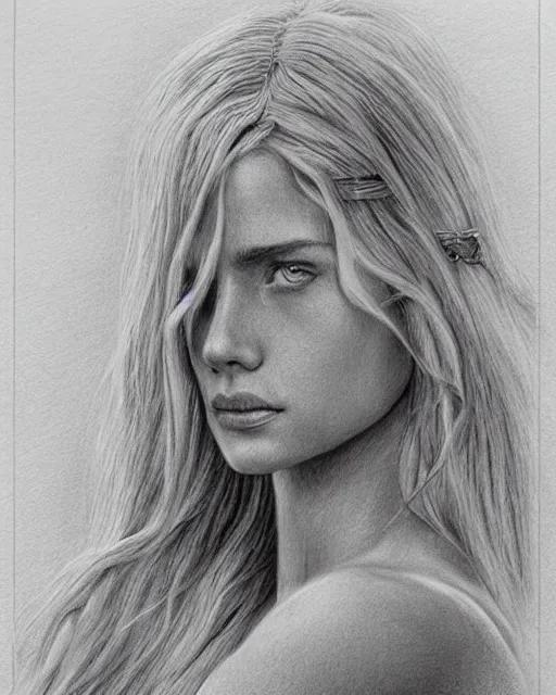 Image similar to pencil drawing of beautiful greek goddess aphrodite, bow and arrow, beautiful piercing eyes, flowing blonde hair, realistic face, hyper realistic, in the style of greg rutkowski, fantasy, amazing detail, epic, intricate, elegant, smooth, sharp focus