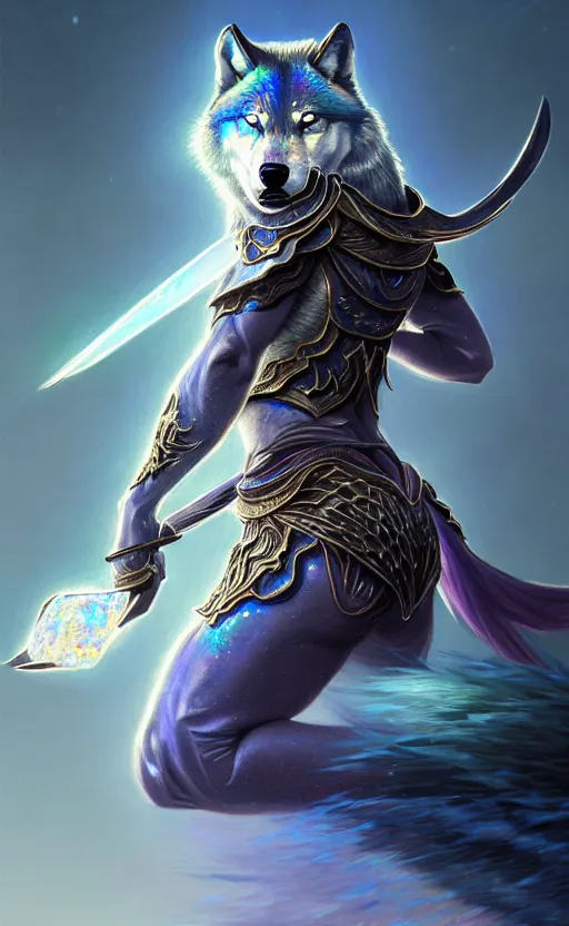 Image similar to iridescent opal ninja warrior, wolf armor, winter, morandi color scheme, hd, illustration, epic, d & d, fantasy, intricate, elegant, highly detailed, wide angle, digital painting, artstation, concept art, smooth, sharp focus, illustration, wallpaper, art by artgerm and greg rutkowski and alphonse mucha and jin xiaodi