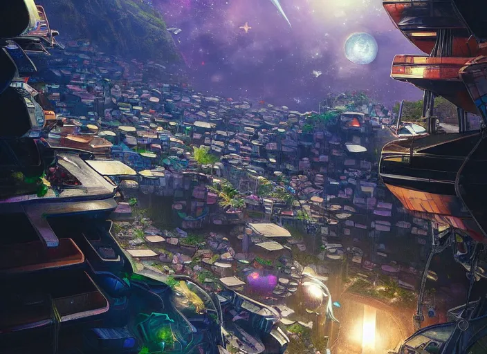 Image similar to favela spaceship, outer space environment, scenery, professional, award - winning, trending on artstation, hyper detailed, realistic, beautiful, emotional, shiny, colorful, picture