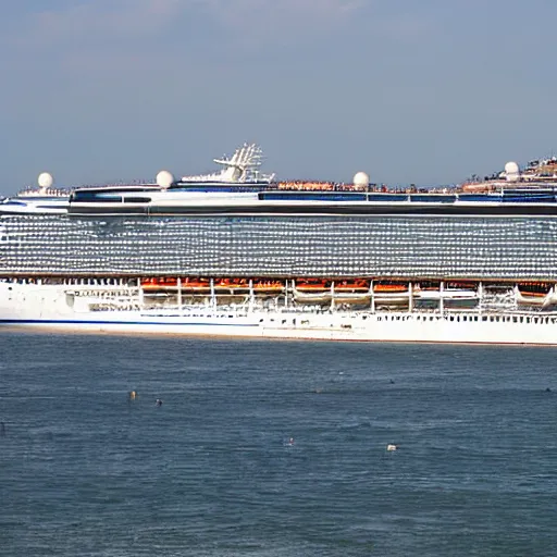 Prompt: the world's largest cruise ship sits docked in venice