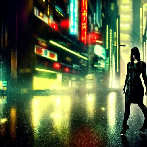 Prompt: jennifer connely starring in a cyberpunk movie in a distopic futuristic city in the style of bladerunner, movie still, highly detailed, rainy night, volumetric lights, dramatic, scifi