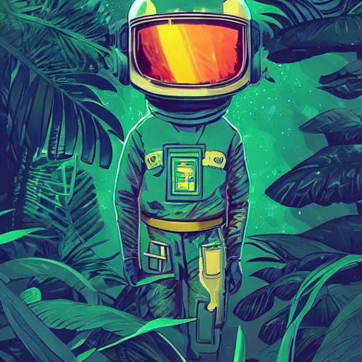 Image similar to view of a future cosmonaut with helmet having cybernetics and wirings exploring a jungle, d & d, trending on artstation, art by rossdraws, petros afshar, tom whalen, laurie greasley and greg rutkowski and ilya kuvshinov, global illumination