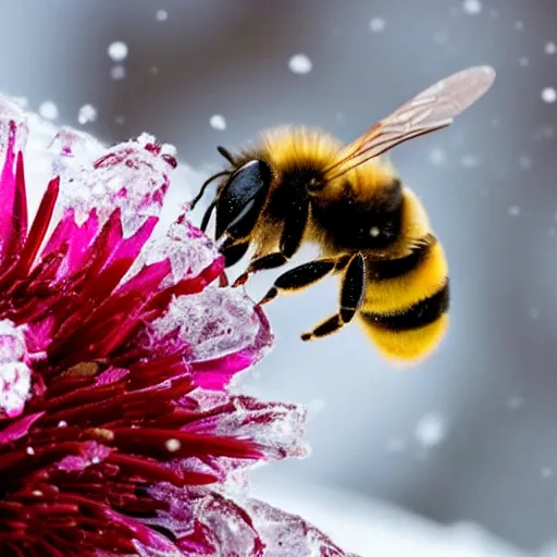 Image similar to a bee finding a beautiful flower, entrapped in ice, only snow in the background, beautiful macro photography, ambient light