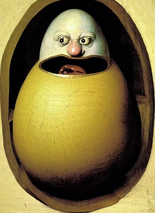 Prompt: portrait of an egg with humpty dumpty silly facial expressions, realistic, by hieronymus bosch, pieter brueghel, greg rutkowski