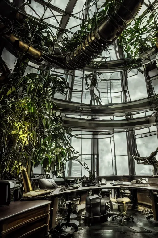 Image similar to a futuristic steampunk science office, inside a building built in the middle of a lush tropical rainforest, steampunk furniture and computers, lush forest outside of the window, realistic, detailed, dark, moody, scary lighting, ominous feeling, canon 50mm lens,