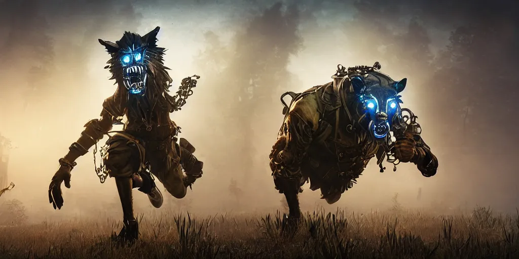 Image similar to gamekeeper wearing a steampunk and neonpunk mechanical fluorescent mystical animal mask in strange misty estuary landscape fight with werewolf, night, realism in style of fornite game, 4 k, octane render, award winning photograph, epic cinematic shot, perfectly defined features, ambient occlusion