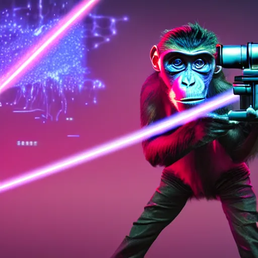 Image similar to a cyberpunk monkey shooting laser guns, sythwave