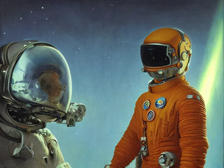 Image similar to a detailed profile oil painting of pilot in a spacesuit with reflective visor, flight suit, portrait symmetrical and science fiction dieselpunk theme with aurora lighting by beksinski carl spitzweg and tuomas korpi. baroque elements, full-length view. baroque element. intricate artwork by caravaggio. Trending on artstation. 8k