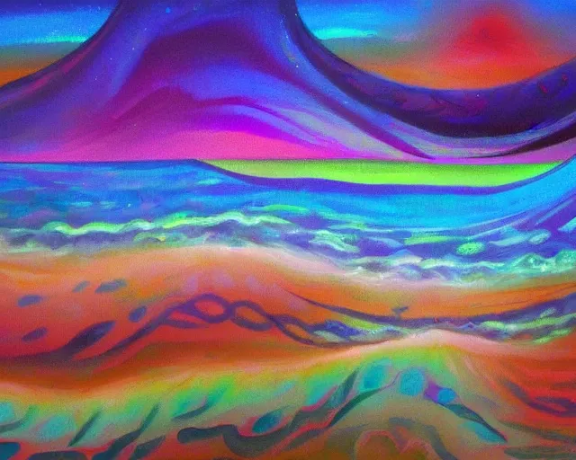 Image similar to Ocean waves in a psychedelic dream world. Landscape painting.