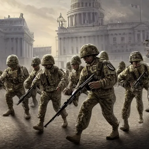 Image similar to Soldiers storming the capital, highly detailed, photorealistic, 4K