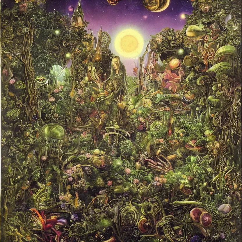 Image similar to the alien garden at night. decorated with foliage, faberge, and filigree. pulp sci - fi art for omni magazine. cosmic. baroque period, oil on canvas. renaissance masterpiece