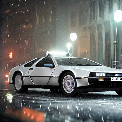 Image similar to hyperdetailed, photorealistic photograph of a dmc 1 2 delorean driving in the streets, rain, night, dense fog, hd, unreal engine 5