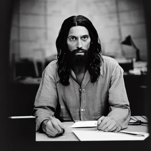 Prompt: Annie Leibovitz portrait of Jesus Christ behind executive desk 35mm, black and white, portrait,