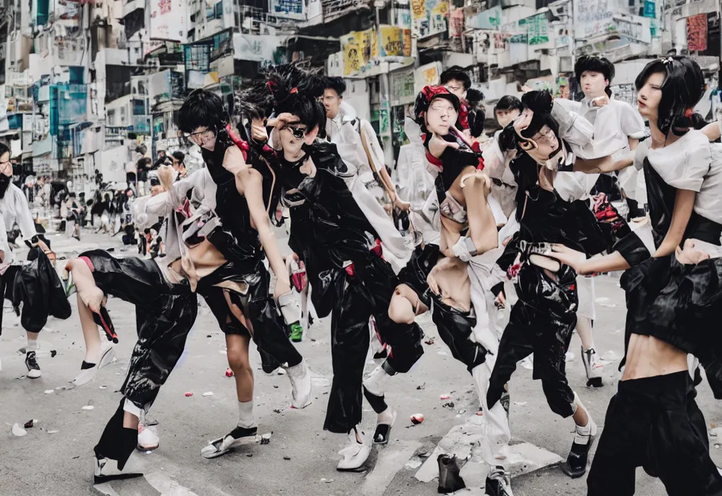 Image similar to fashion editorial in hong kong riot.