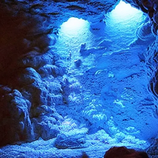 Prompt: a hyper realistic cave with bright blue fungus growing on the walls, radioactive water glows dimly on the ground, hyper detailed, beautiful lighting