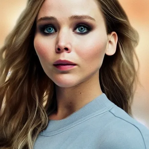 Image similar to a woman who is a genetic combination of jennifer lawrence and elizabeth olsen face and upper - body focus