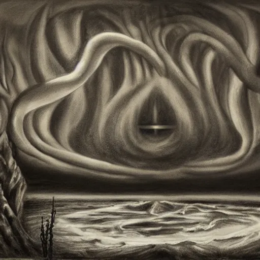 Image similar to surrealism charcoal painting of the end of the world., horror,