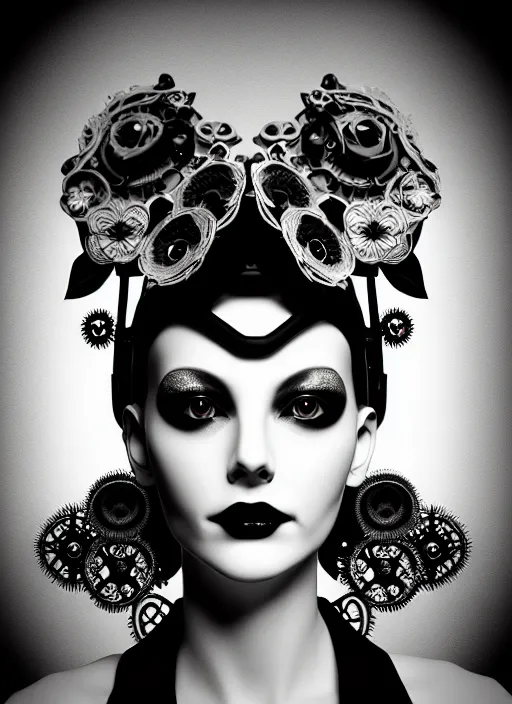 Image similar to black and white macabre masterpiece profile portrait, one steampunk eye silver hexagonal meshes floral biomechanical beautiful young female cyborg, big monocular, volumetric light, hibiscus flowers, by hg giger, rim light, big gothic fashion pearl embroidered collar, 8 k