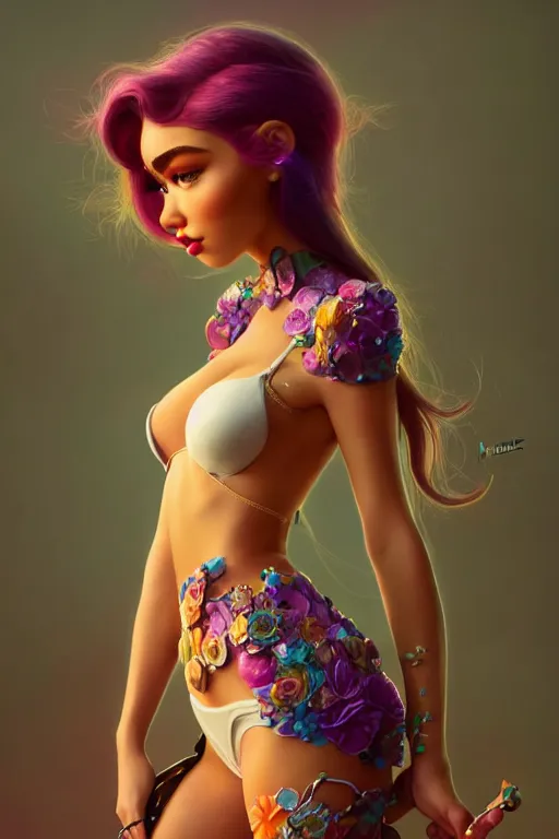 Image similar to pixar woman madison beer rave girl | soft creamy polished decadent vixen floral ornate masterpiece | weta disney movie still portrait photo | sci fi, fantasy, film, 8 k, highly detailed, artstation, realism | beeple, artgerm, mucha, wlop, loish |