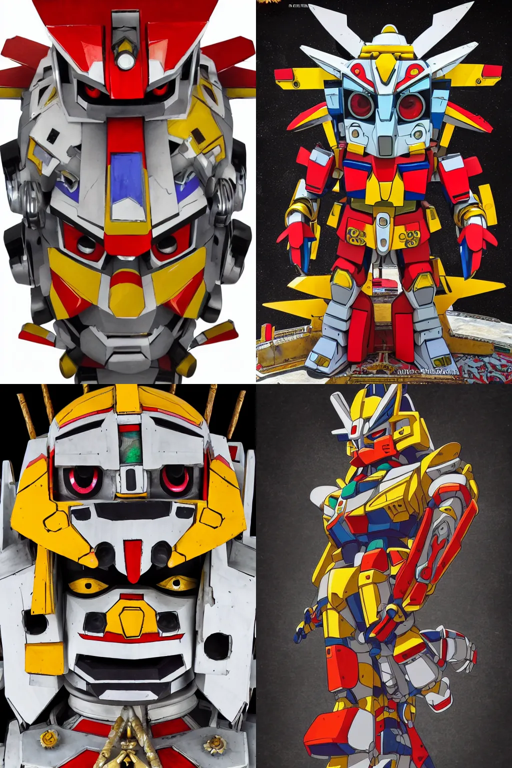 Prompt: a jagannath gundam from the orissa squadron of earth federation space forces, wooden jagannath face, chrome metallic finish, intricate mechanical workings, floral iconography, modern concept art, digital matte painting, red and yellow on white on black