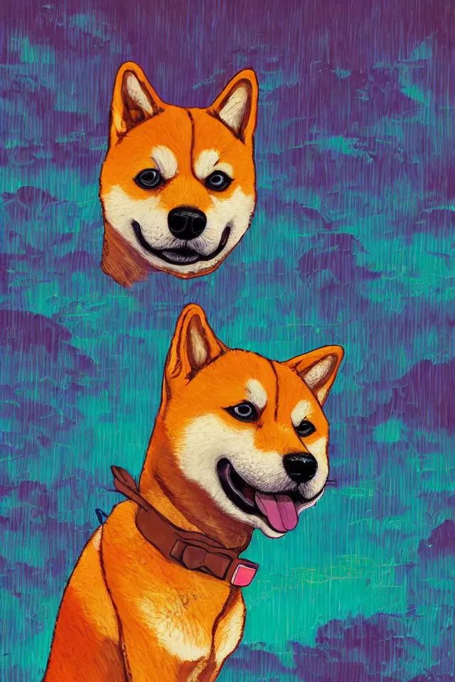 Prompt: a portrait of a shiba inu dog in the neon streets of tokyo, in the style of studio ghibli, artistic, colorful palette, highly detailed