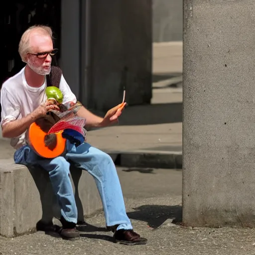 Image similar to hugh hopper on a street corner eating an orange fruit and drinking a pepsi