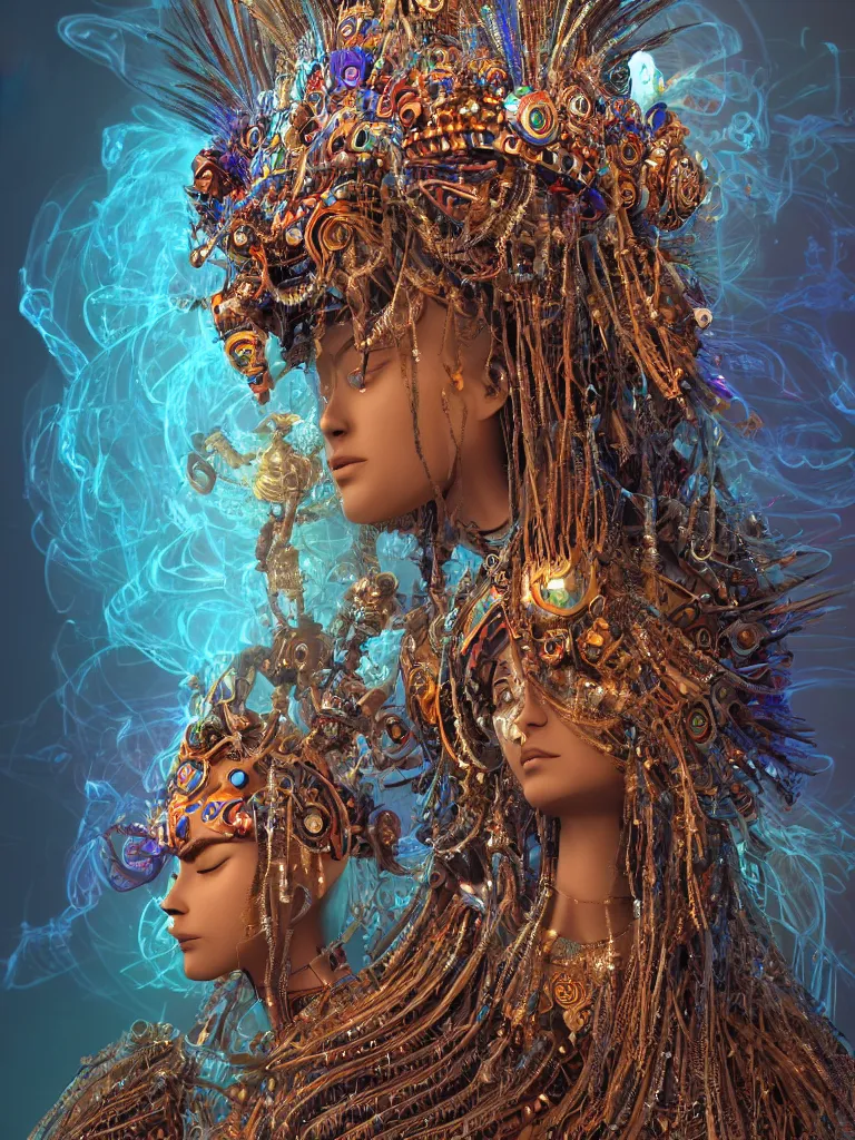 Image similar to an ancient mystical alluring tribal elder wearing an intricate head dress of feathers and jewels generating flowing energy and surrounded by wisps of incense smoke sits meditating in a cybernetic robot temple, face face face, by justin gerard and android jones, 3 d, cinema 4 d render, trending on artstation, 8 k