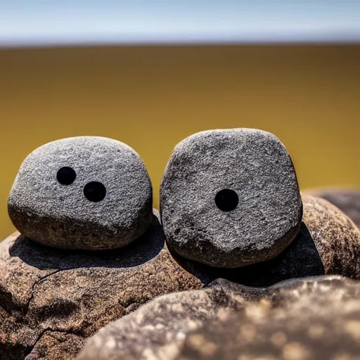 Prompt: Photograph of two rocks with a pair googly eyes at edge of a mountain in a savana