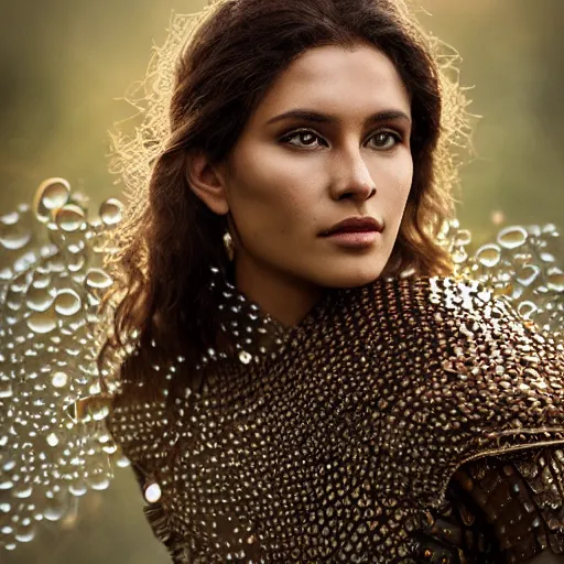 Image similar to full shot of a regal brown woman wearing an intricate and detailed armor made of dew drops. multiple layers. reflections. morning dew. textures. delicate. translucent. studio portrait. photorealistic. octane render