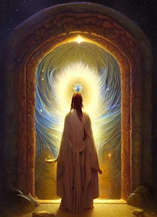 Prompt: an indigenous shaman entering the world of dreams through a giant door full of light and surrounded by stars, fantastic, surrealism, art by christophe vacher