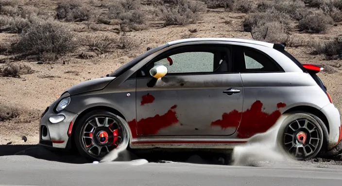 Image similar to a wrecked 2 0 1 0 abarth 5 0 0, abandoned in a desert, dusty, damaged, some rust