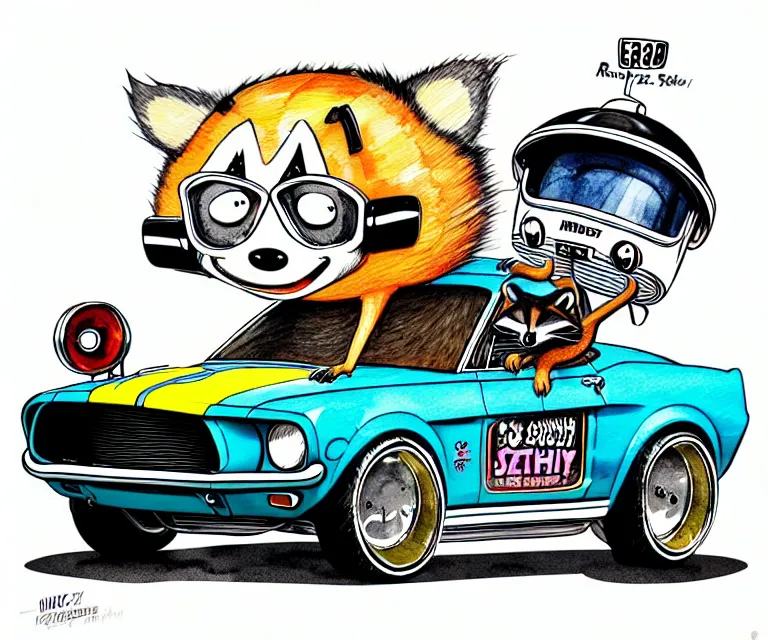 Image similar to cute and funny, racoon wearing a helmet riding in a tiny 1 9 6 7 ford mustang shelby, ratfink style by ed roth, centered award winning watercolor pen illustration, isometric illustration by chihiro iwasaki, edited by range murata