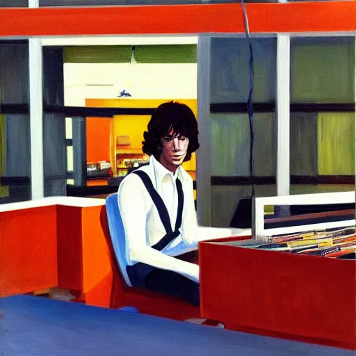 Image similar to a portrait painting of mick jagger working in a record store in 1 9 6 9, artistic, in the style of edward hopper