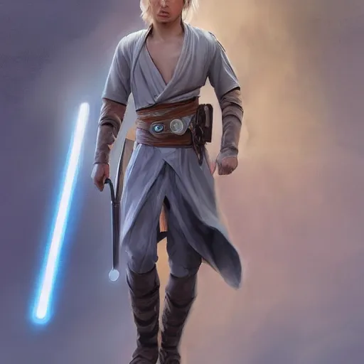 Image similar to a young blonde male jedi full body shot concept art by Doug Chiang cinematic concept art, realistic painting, high definition, digital art, matte painting, symmetrical, very detailed, realistic, dramatic lighting, cinematic, establishing shot, extremly high detail, photo realistic, cinematic lighting, post processed, concept art, artstation, matte painting, concept art by Doug Chiang