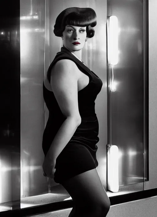 Image similar to a hyper realistic and detailed head portrait photography of a joan holloway, curvy, of mad men on madison avenue, new york city. by annie leibovitz. noir style. cinematic. neon lights glow in the background. ilford hp 5 4 0 0, canon eos c 3 0 0, ƒ 1. 8, 3 5 mm, 8 k, medium - format print