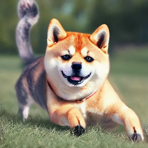 Prompt: Shiba inu morphed with a tabby cat, realistic photo