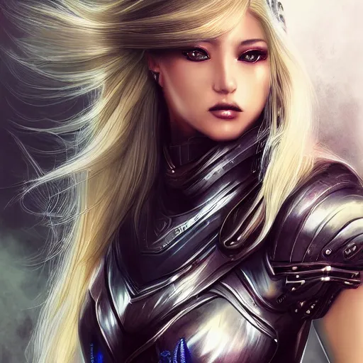 Prompt: a beautiful woman wearing futuristic armor, blonde, long hair, pixiv, hyperrealistic