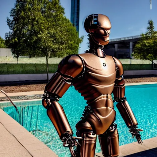 Image similar to a realistic detailed photo of a guy who is an attractive humanoid who is half robot and half humanoid, who is a male android, wrestler finn balor, shiny skin, posing like a statue, blank stare, by the pool, on display, showing off his muscles, humanoid robot, frozen ice statue