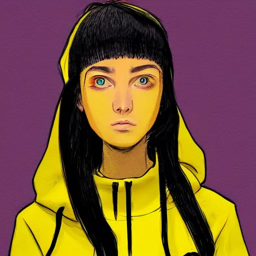 Image similar to girl in yellow hoodie, portrait, illustration, cyberpunk