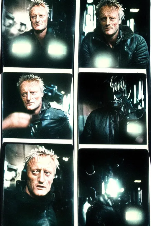 Image similar to old polaroids with rutger hauer, ford, sir ridley taken on the set of blade runner, 1 9 8 2