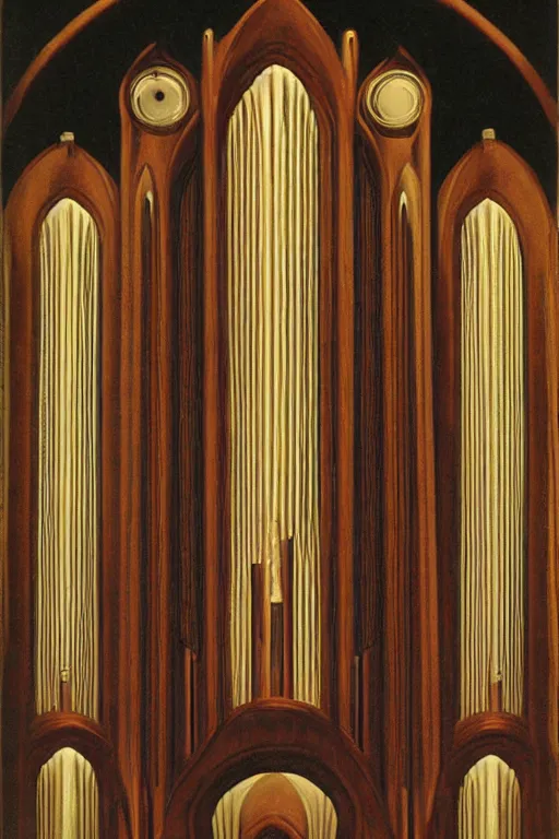 Prompt: pipe organ gothic by grant wood, carpenter gothic