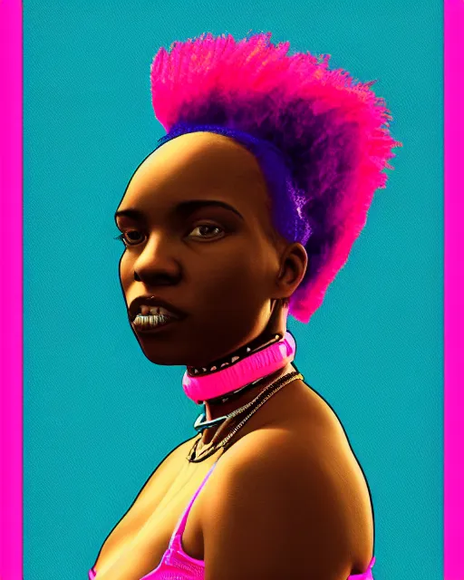 Image similar to photo-realistic portrait of a young black woman with pink hair, wearing a neon blue dress by Vivienne Westwood, intricate details, cyberpunk, super-flat, in the style of Jean Auguste Dominique Ingres, black background