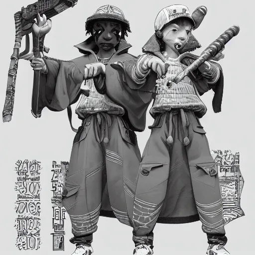 Image similar to rpg character concept art, twin brothers being cute and gangsta, intricate detail, in the style of jamie hewlett kawase hasui riyoko ikeda, 3 d render, artstation trending, 8 k, octane render, photorealistic, sharp detail, manga, black and white