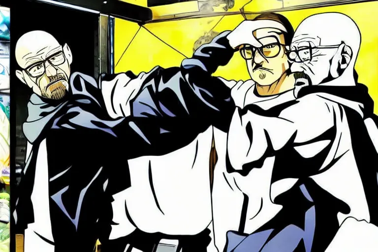 Prompt: Walter White fighting Jesse Pinkman in an anime