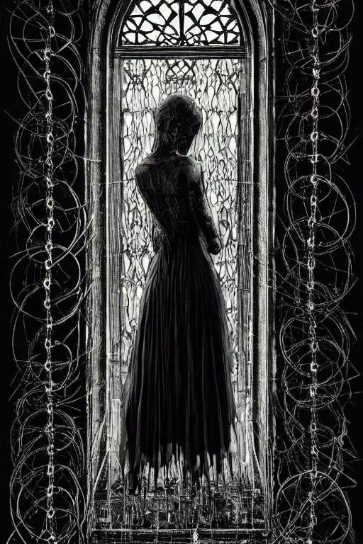 Prompt: dreamy gothic girl, black leather slim clothes, chains, hall of cracked mirrors, beautiful body, detailed acrylic, grunge, intricate complexity, by dan mumford and by alberto giacometti, peter lindbergh