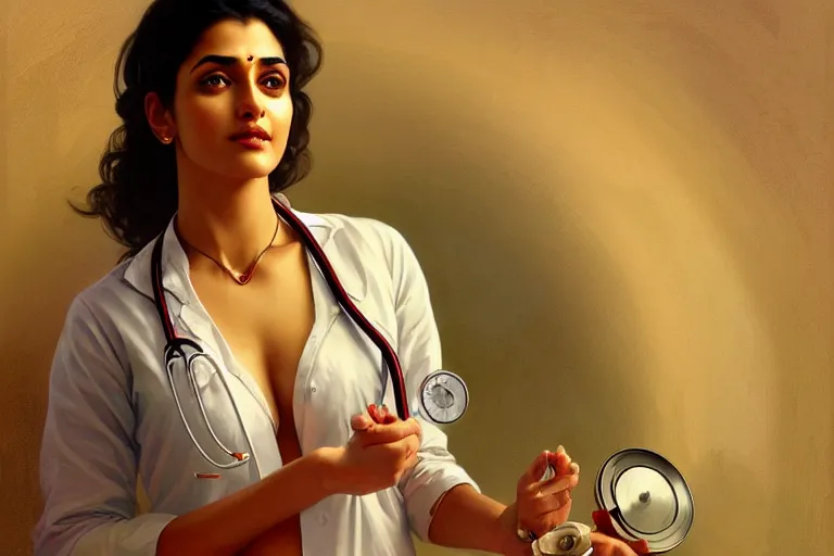 Image similar to sensual pale beautiful indian doctor in jeans with stethoscope, art deco portrait, elegant, intricate, digital painting, artstation, concept art, smooth, sharp focus, illustration, art by artgerm and greg rutkowski and alphonse mucha