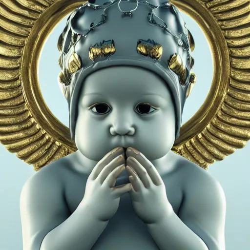 Prompt: a high tech 3 d rendering of a a baby cherub angel wearing a balaclava face mask, ski mask, face covered, covered face, fixed eyes, tattoos, multiple gold cuban chain necklace, concept art octane render, blender,