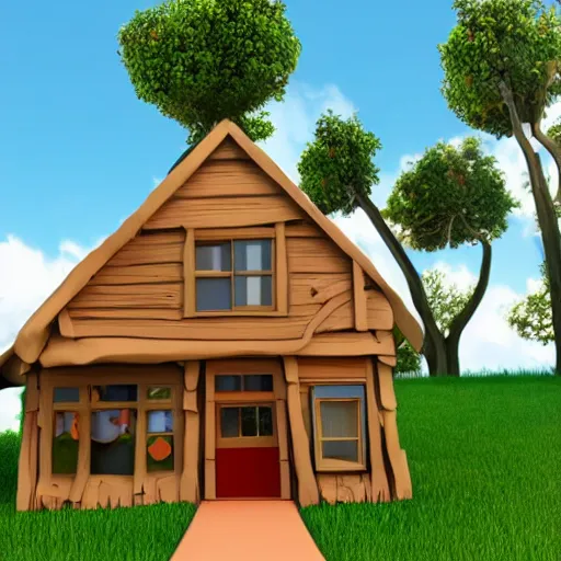 Prompt: funny house, 3d, rendering, realistic, forest, pixar and disney style